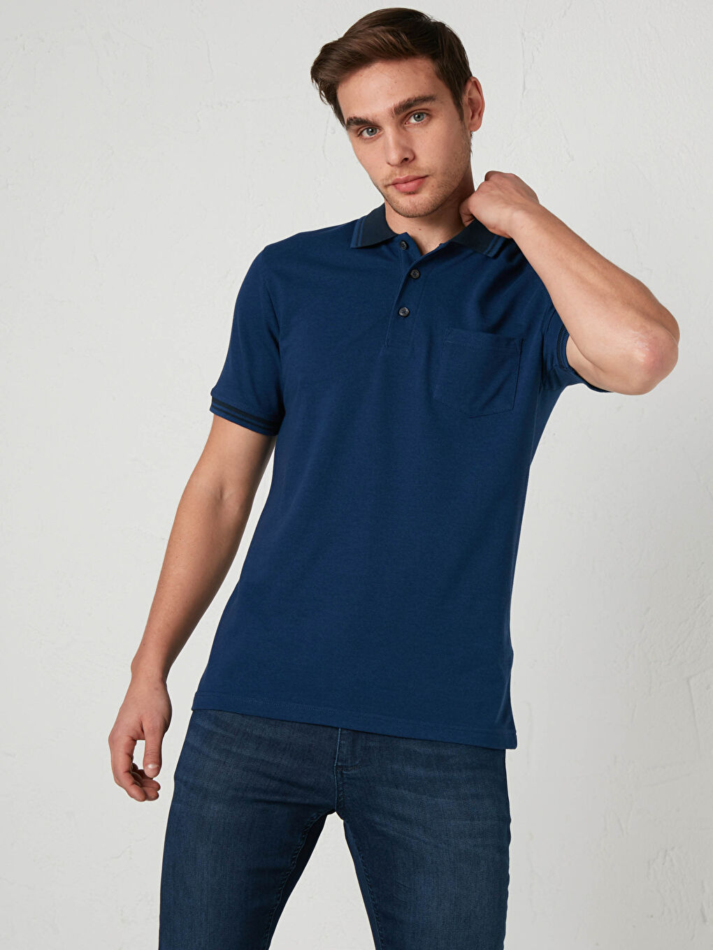 Mavi Polo Yaka Kısa Kollu Tişört-1