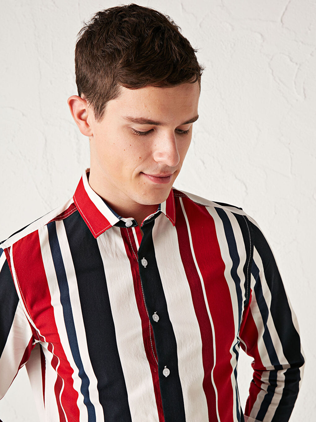 Kırmızı Ekstra Slim Fit Uzun Kollu Çizgili Poplin Gömlek