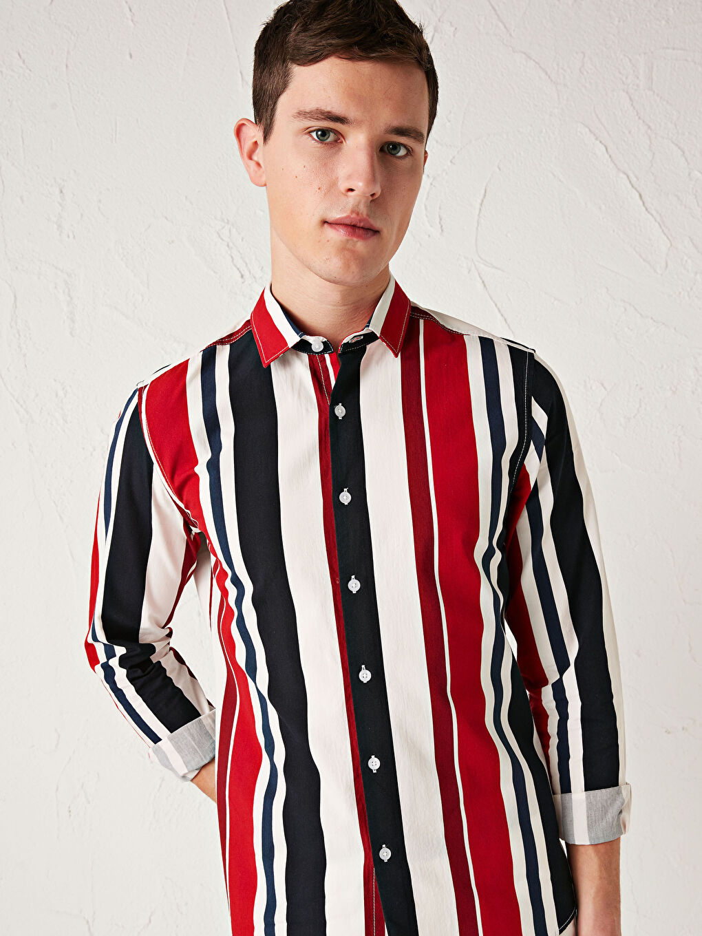 Kırmızı Ekstra Slim Fit Uzun Kollu Çizgili Poplin Gömlek-1