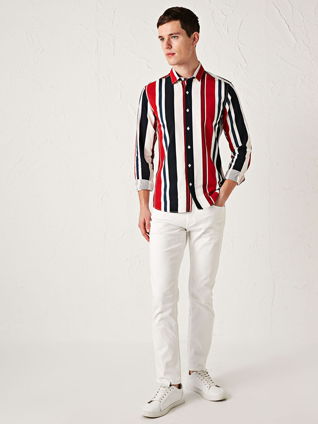 Kırmızı Ekstra Slim Fit Uzun Kollu Çizgili Poplin Gömlek-2