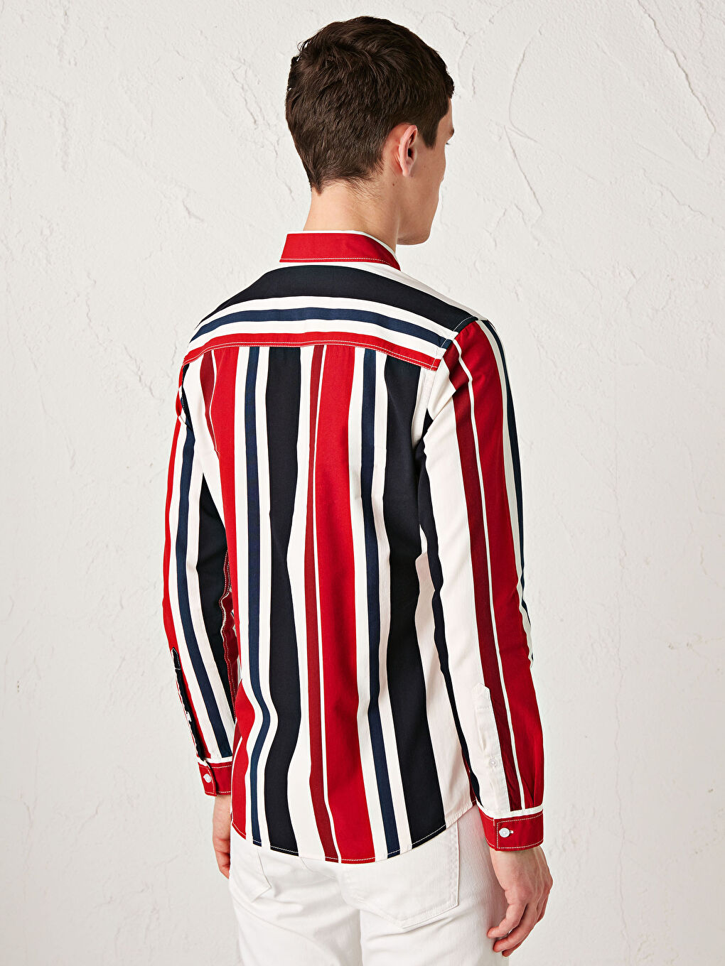 Kırmızı Ekstra Slim Fit Uzun Kollu Çizgili Poplin Gömlek-3