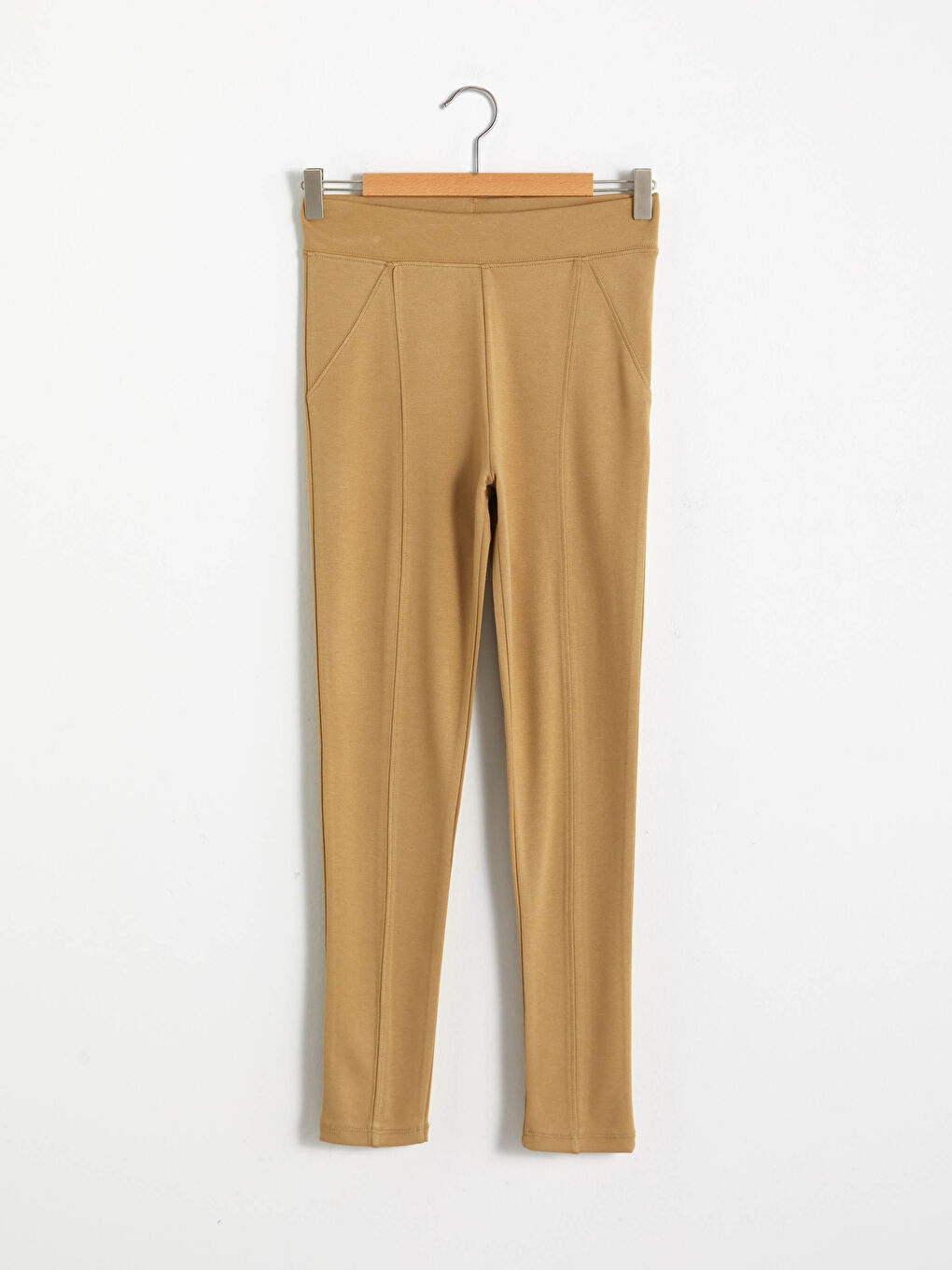 Bej Beli Lastikli Düz Tayt-5