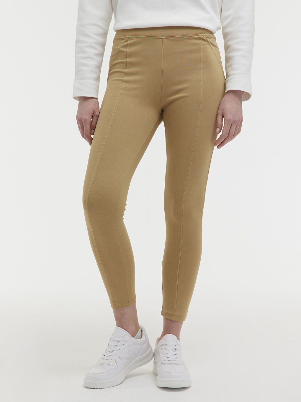 Bej Beli Lastikli Düz Tayt-1