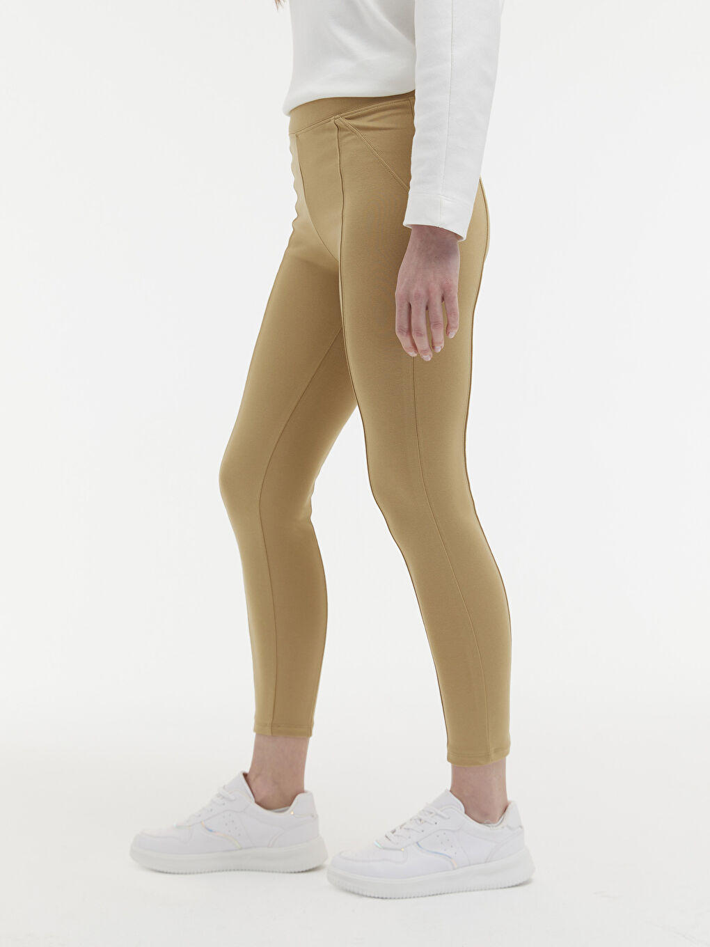 Bej Beli Lastikli Düz Tayt-2