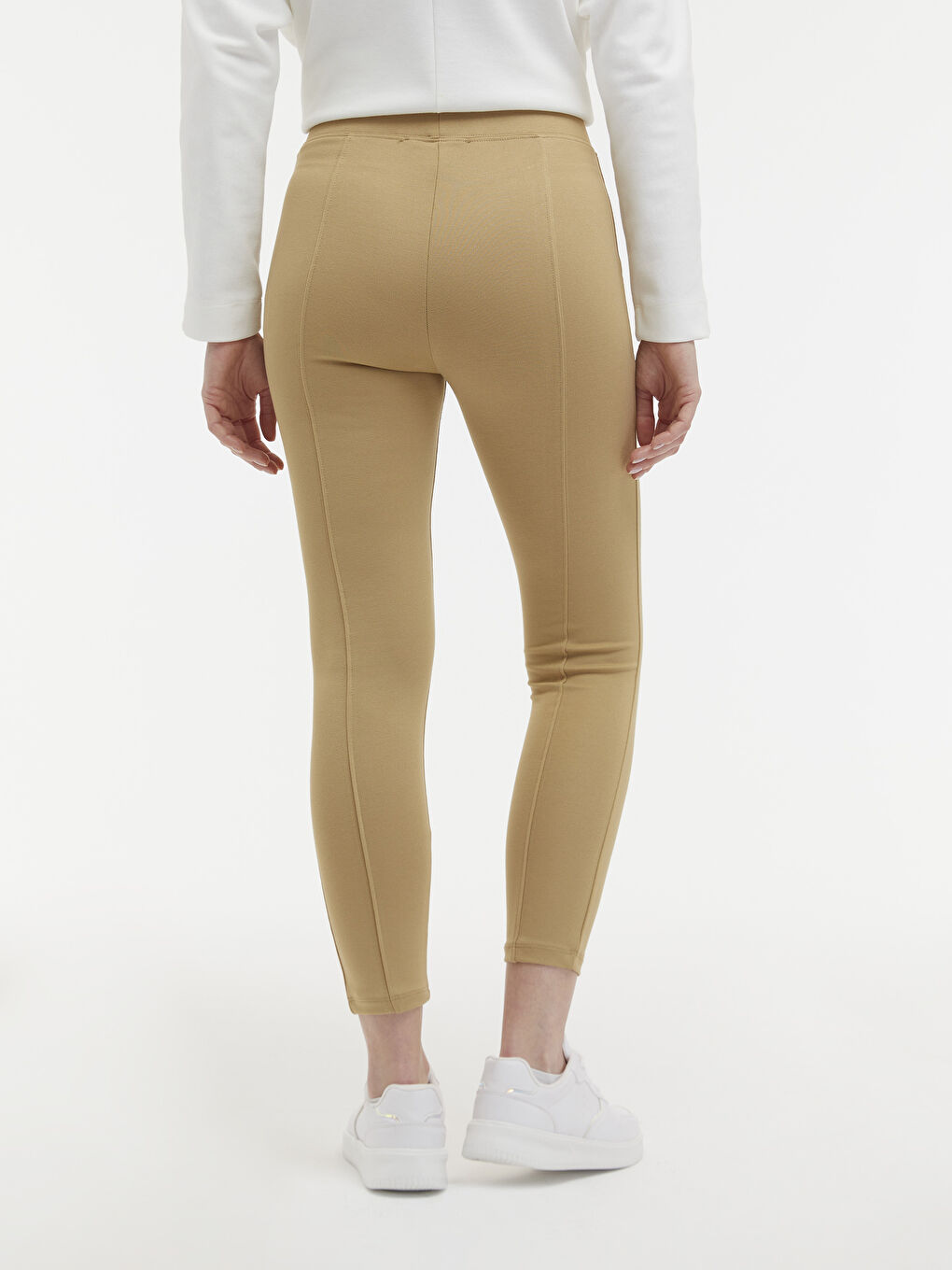 Bej Beli Lastikli Düz Tayt-3