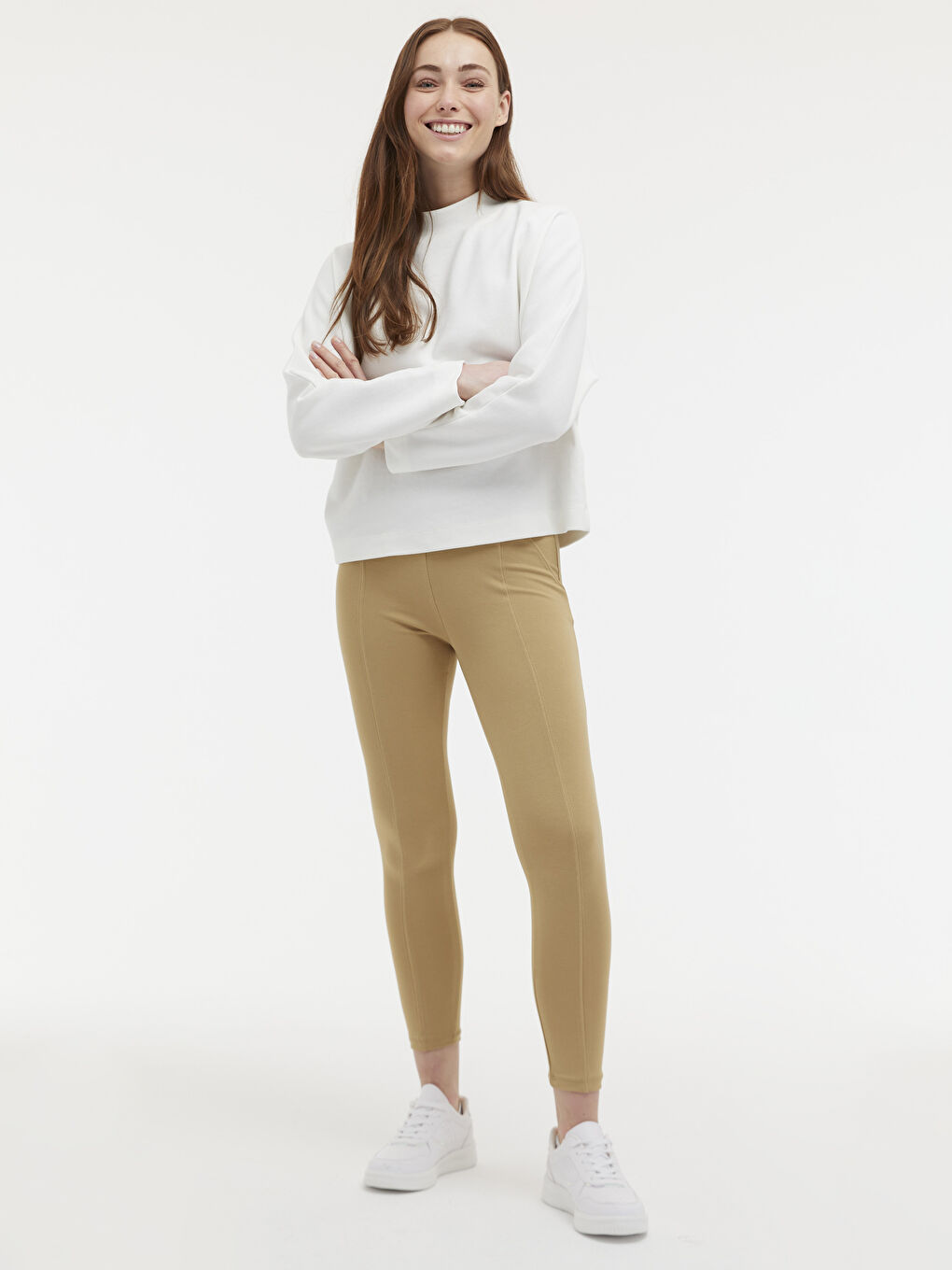 Bej Beli Lastikli Düz Tayt-4