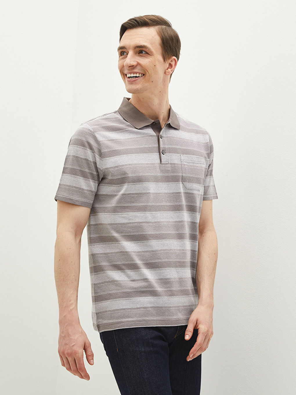 Bej Merserize Polo Yaka Kısa Kollu Çizgili Erkek Tişört