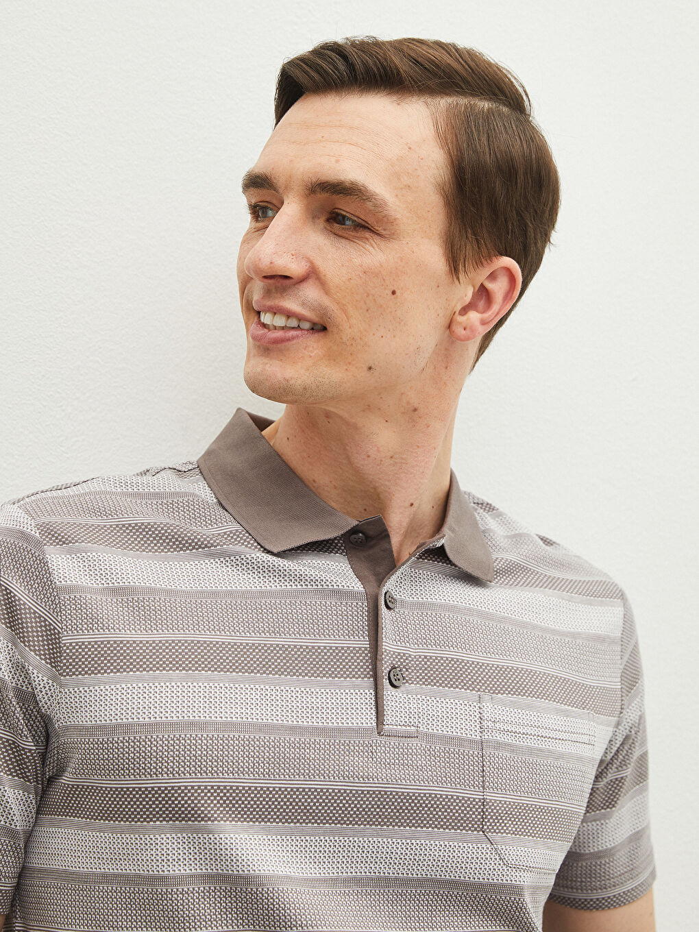 Bej Merserize Polo Yaka Kısa Kollu Çizgili Erkek Tişört-2