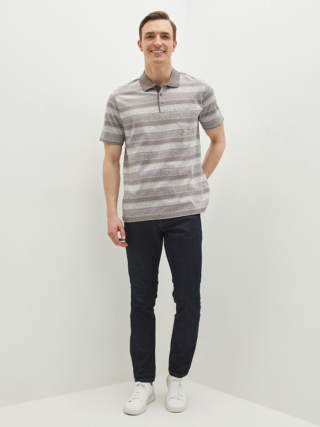 Bej Merserize Polo Yaka Kısa Kollu Çizgili Erkek Tişört-3