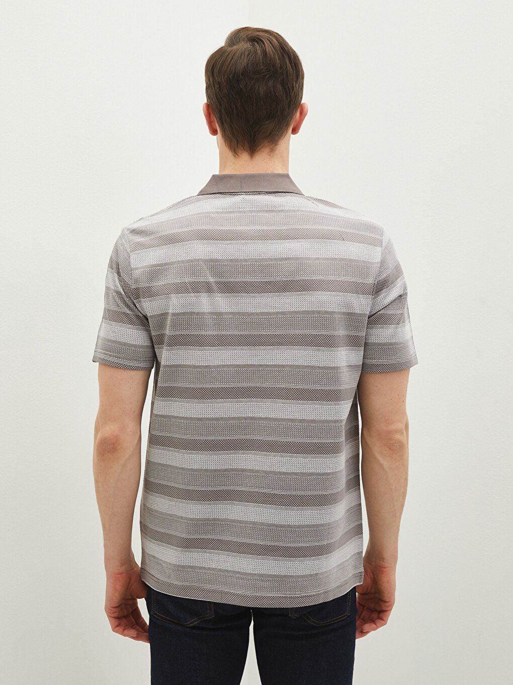Bej Merserize Polo Yaka Kısa Kollu Çizgili Erkek Tişört-4