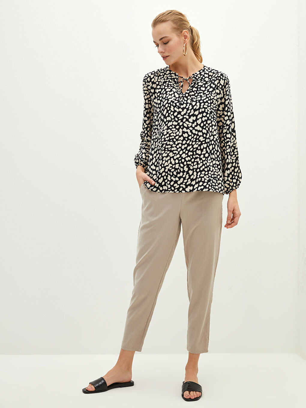 Elastic Waist Straight Comfort Fit Harem Trousers With Pocket Detail-1