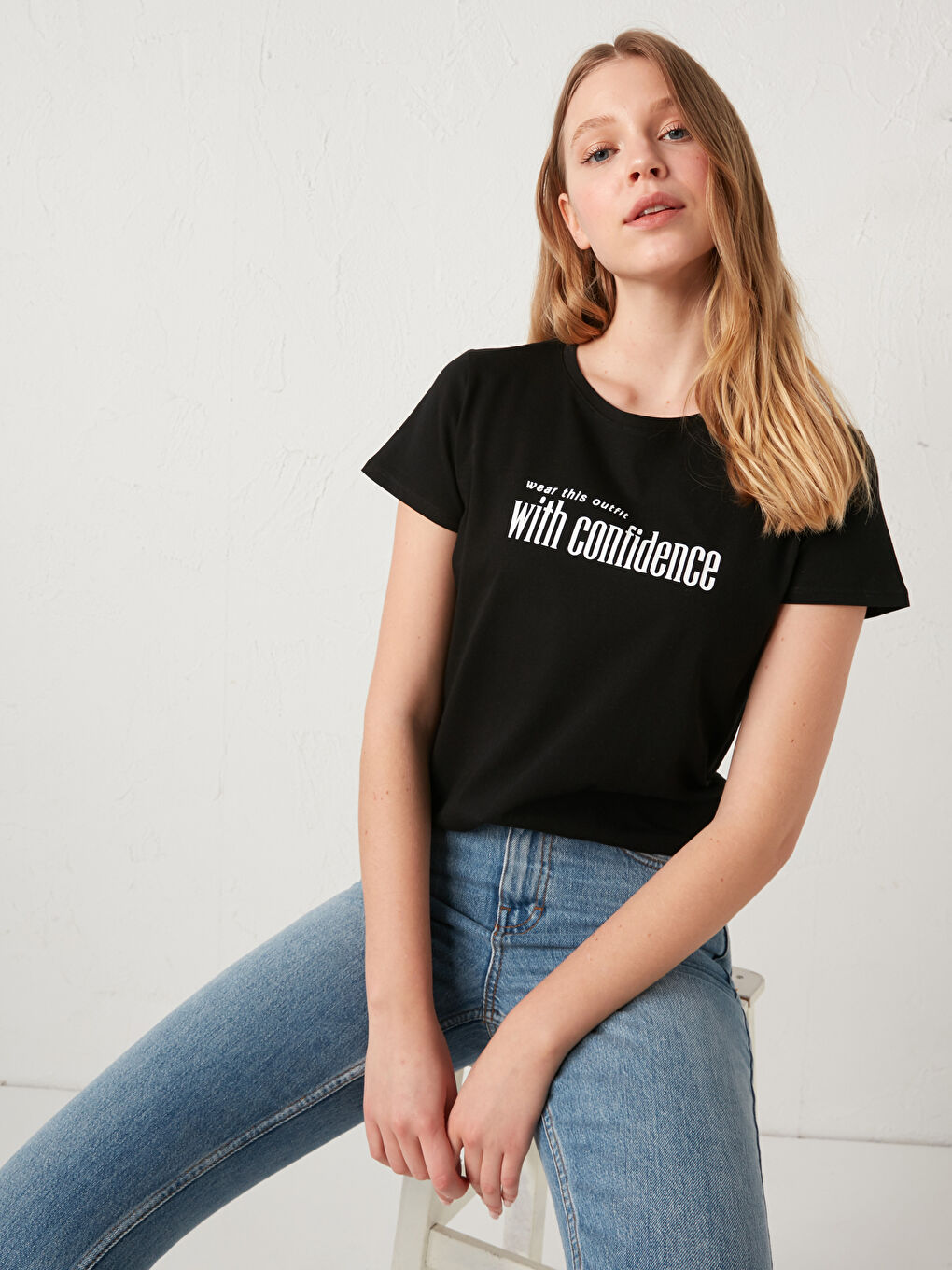 Siyah Bisiklet Yaka Slogan Baskılı Tişört-2