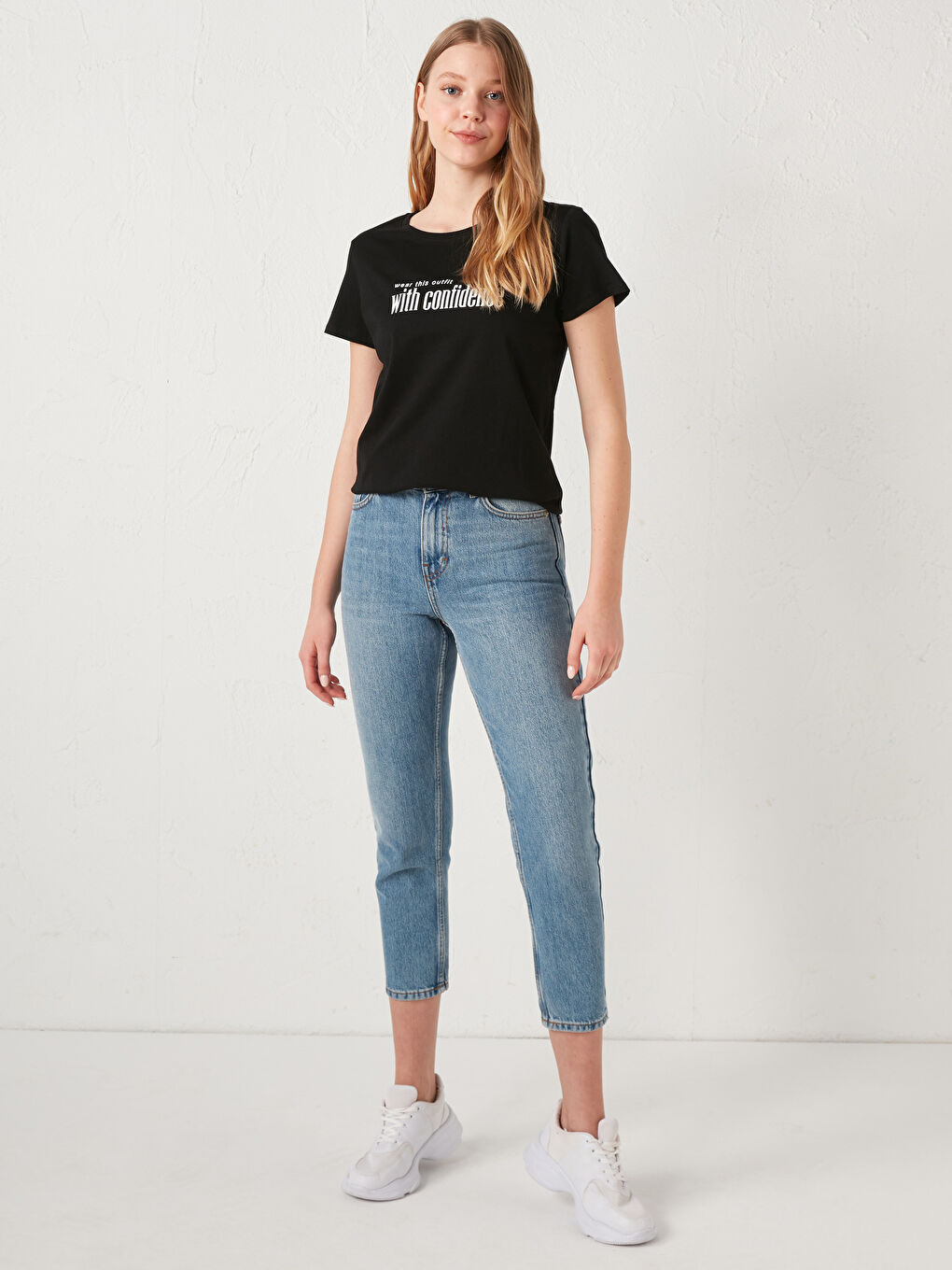 Siyah Bisiklet Yaka Slogan Baskılı Tişört-3