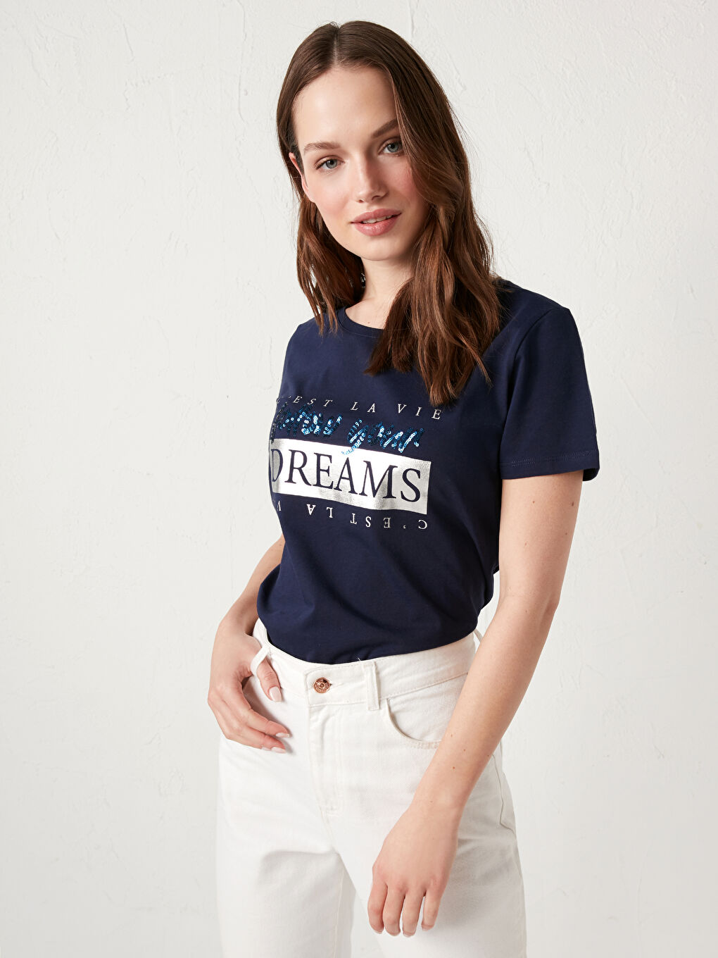 Lacivert Bisiklet Yaka Slogan Baskılı Tişört