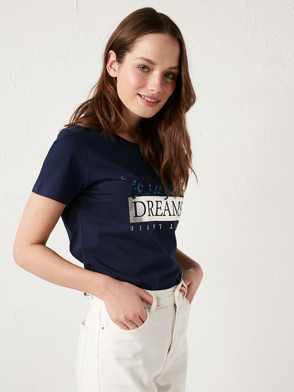 Lacivert Bisiklet Yaka Slogan Baskılı Tişört-1