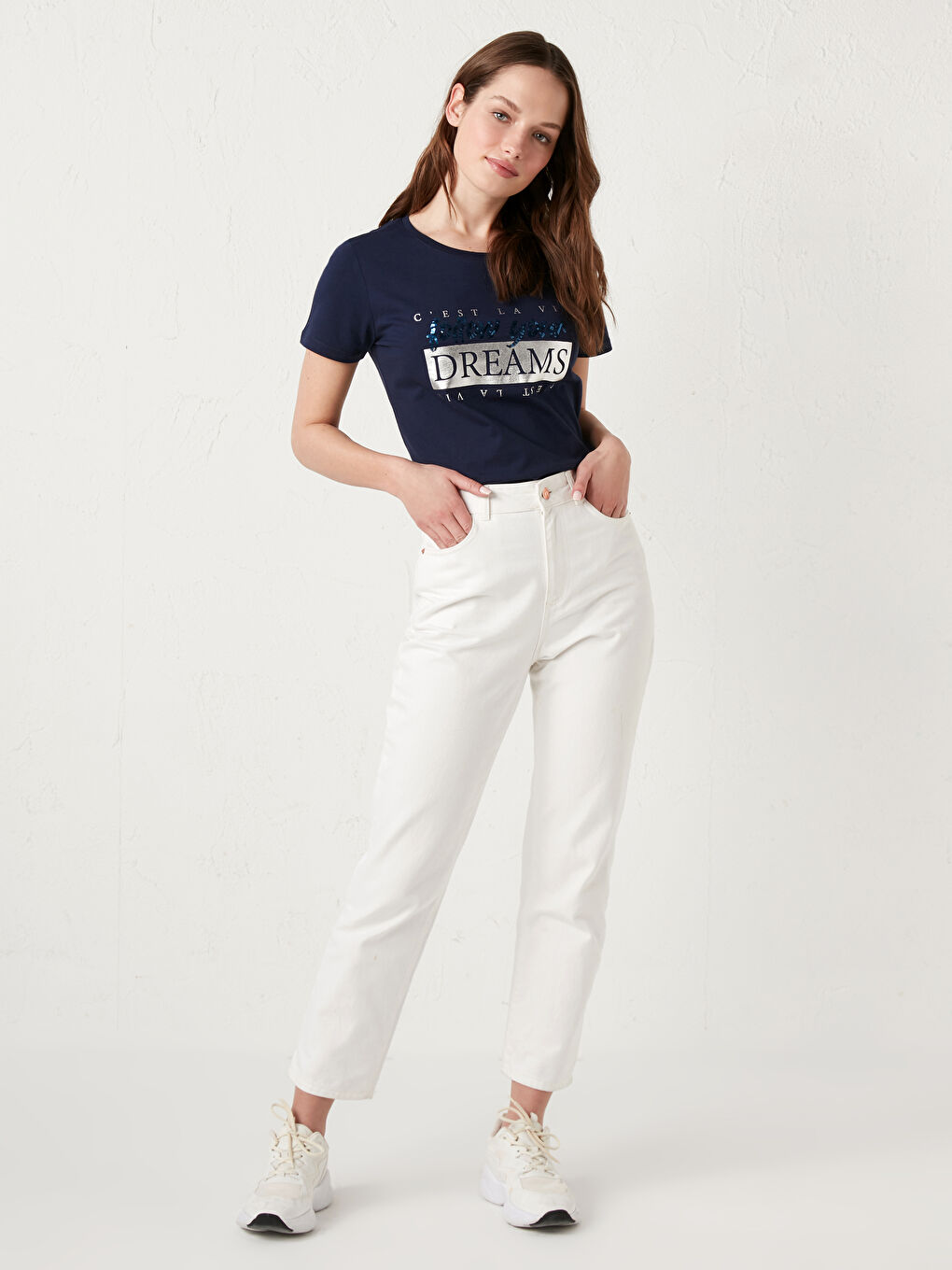 Lacivert Bisiklet Yaka Slogan Baskılı Tişört-2