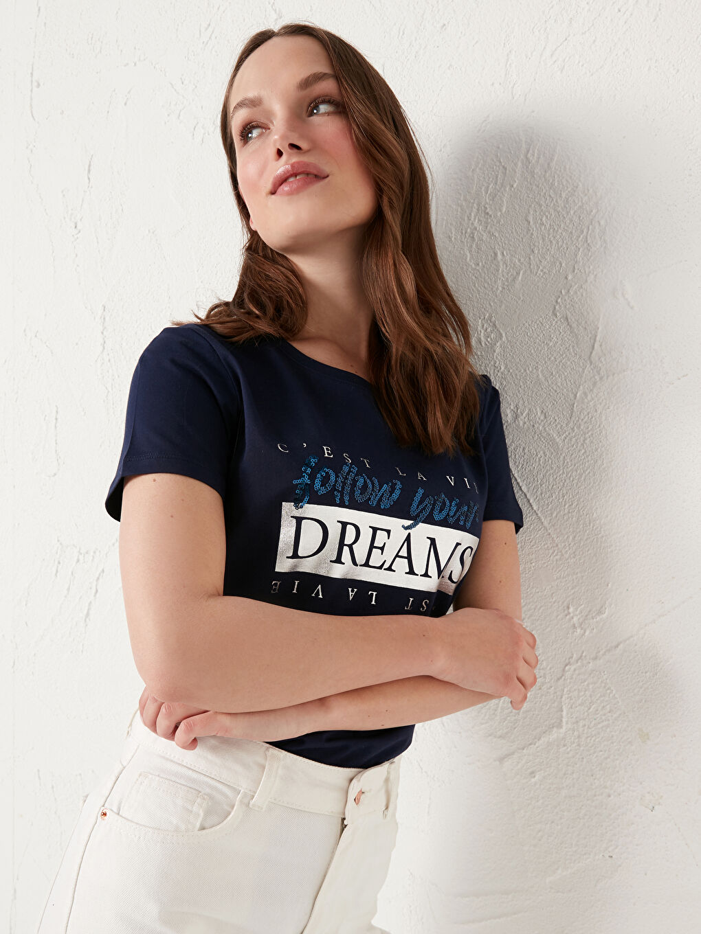 Lacivert Bisiklet Yaka Slogan Baskılı Tişört-3