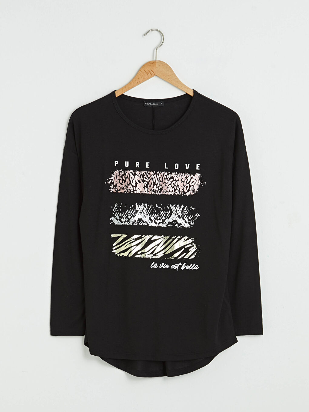 Siyah Bisiklet Yaka Baskılı Uzun Kollu Kadın Tişört-5