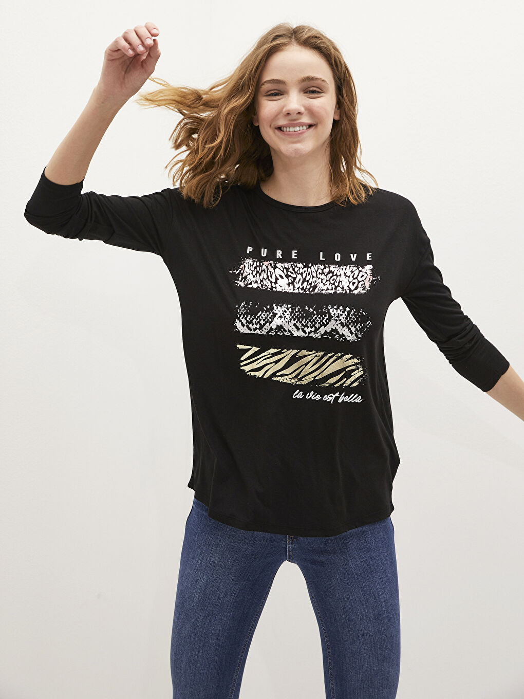 Siyah Bisiklet Yaka Baskılı Uzun Kollu Kadın Tişört-4