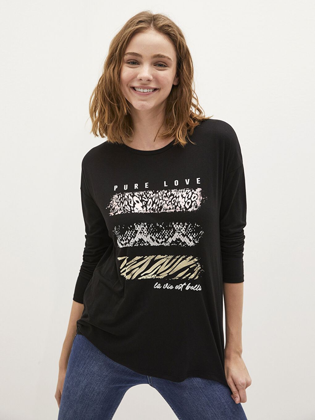 Siyah Bisiklet Yaka Baskılı Uzun Kollu Kadın Tişört