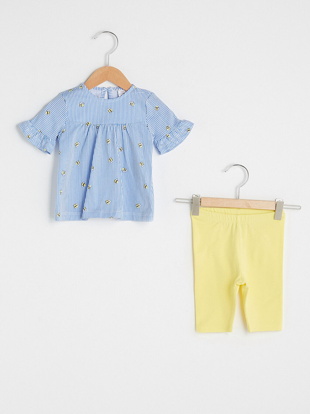 Crew Neck Short Sleeve Patterned Cotton Baby Girl T-Shirt and Tights Set of 2