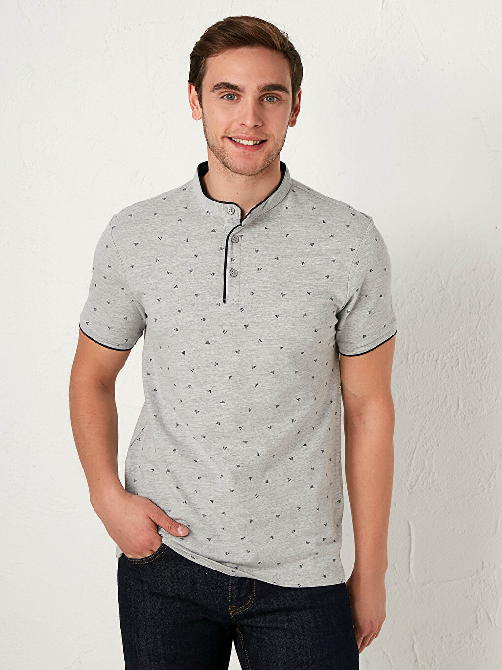 Gri Hakim Yaka Kısa Kollu Pike Tişört-1