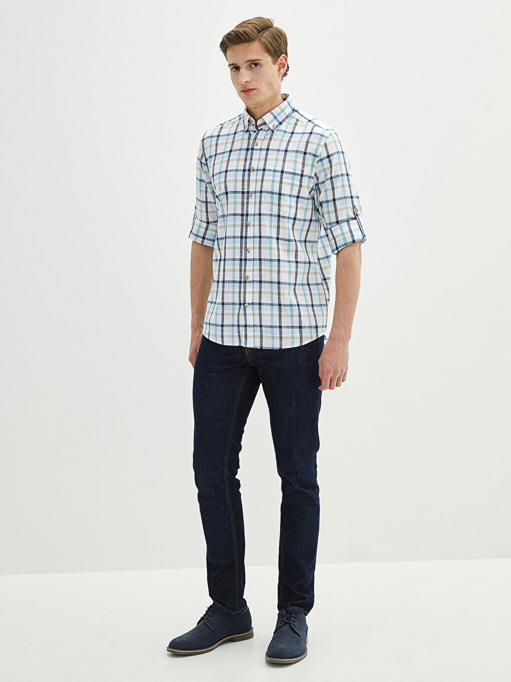 Regular Fit Long Sleeve Plaid Poplin Men's Shirt-2