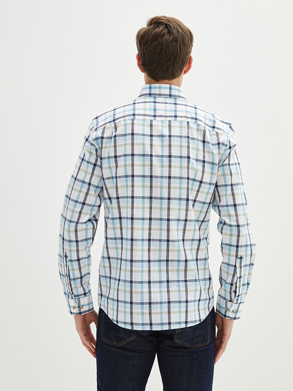 Regular Fit Long Sleeve Plaid Poplin Men's Shirt-3