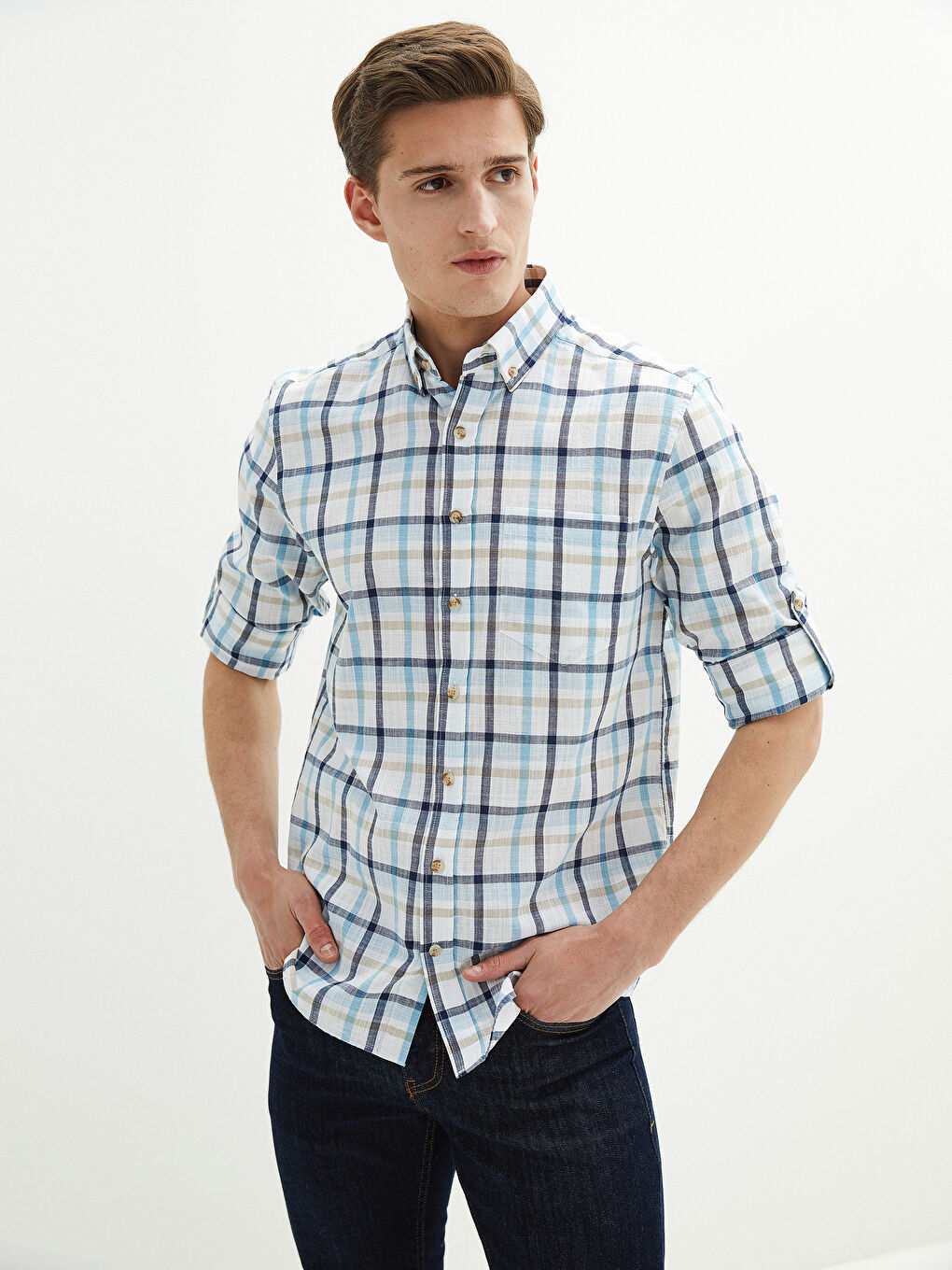 Regular Fit Long Sleeve Plaid Poplin Men's Shirt-4