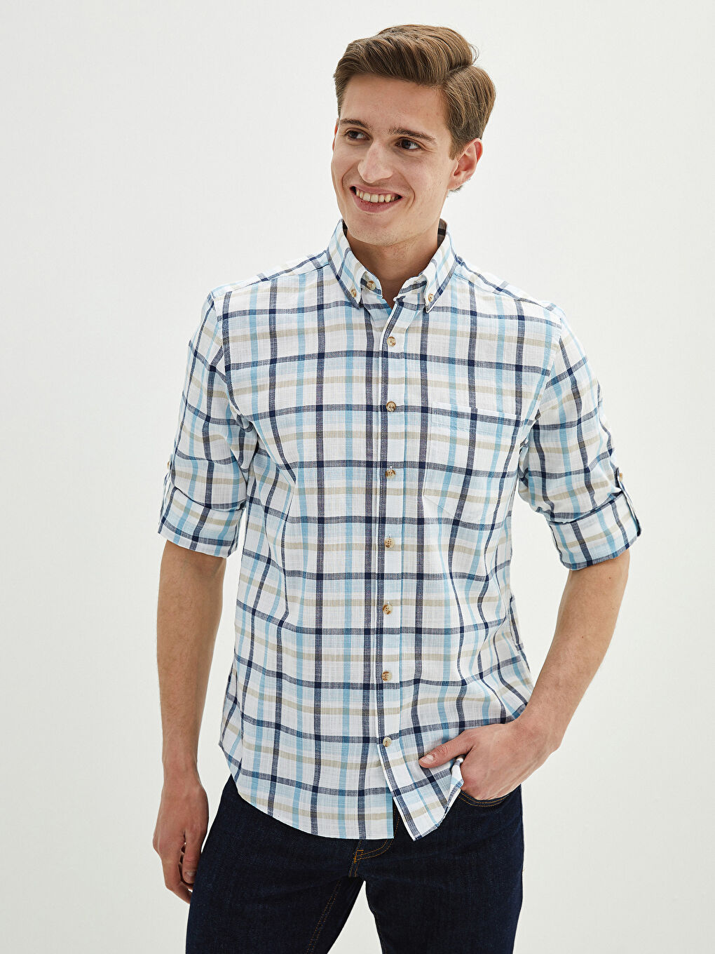 Regular Fit Long Sleeve Plaid Poplin Men's Shirt