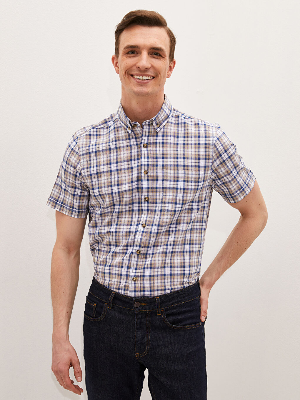 Bej Regular Fit Kısa Kollu Ekose Poplin Erkek Gömlek