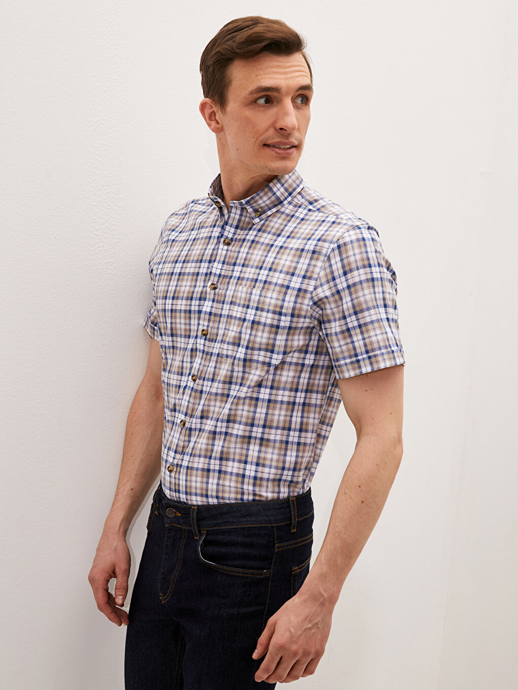 Bej Regular Fit Kısa Kollu Ekose Poplin Erkek Gömlek-1