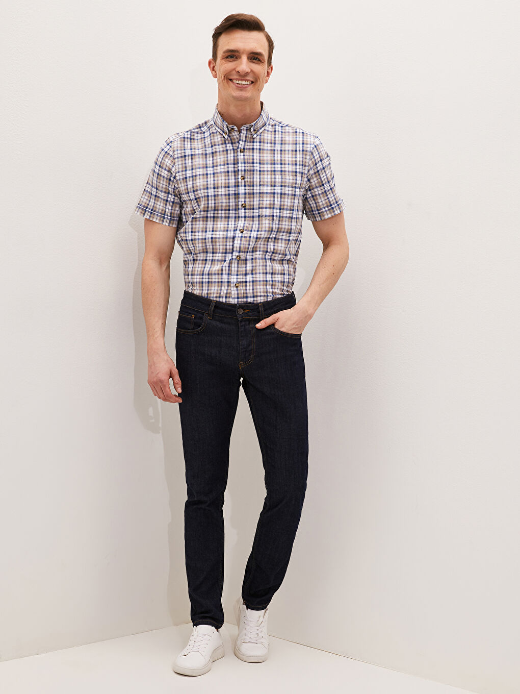 Bej Regular Fit Kısa Kollu Ekose Poplin Erkek Gömlek-2