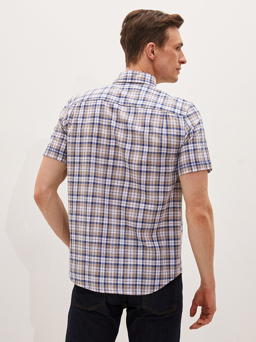 Bej Regular Fit Kısa Kollu Ekose Poplin Erkek Gömlek-3