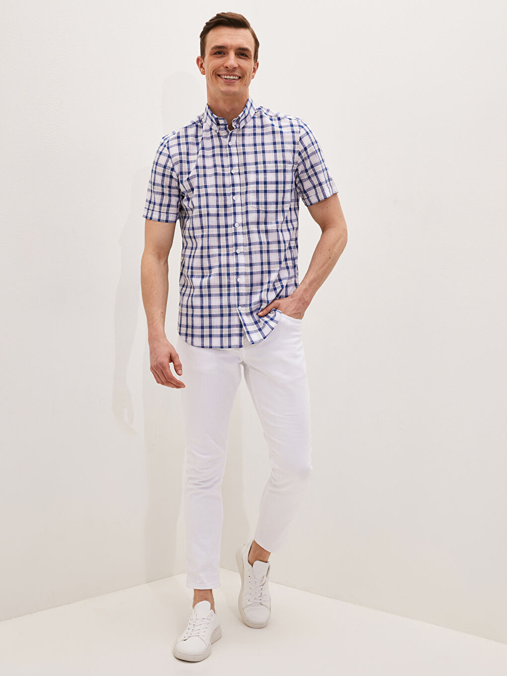 Lacivert Regular Fit Kısa Kollu Ekose Poplin Erkek Gömlek-1