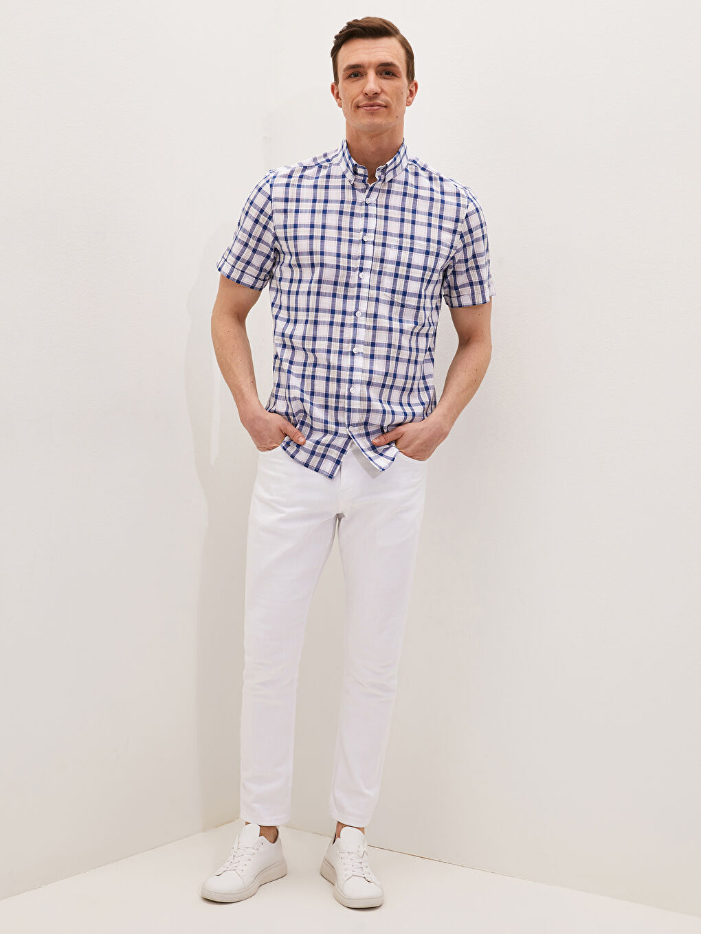 Lacivert Regular Fit Kısa Kollu Ekose Poplin Erkek Gömlek-2