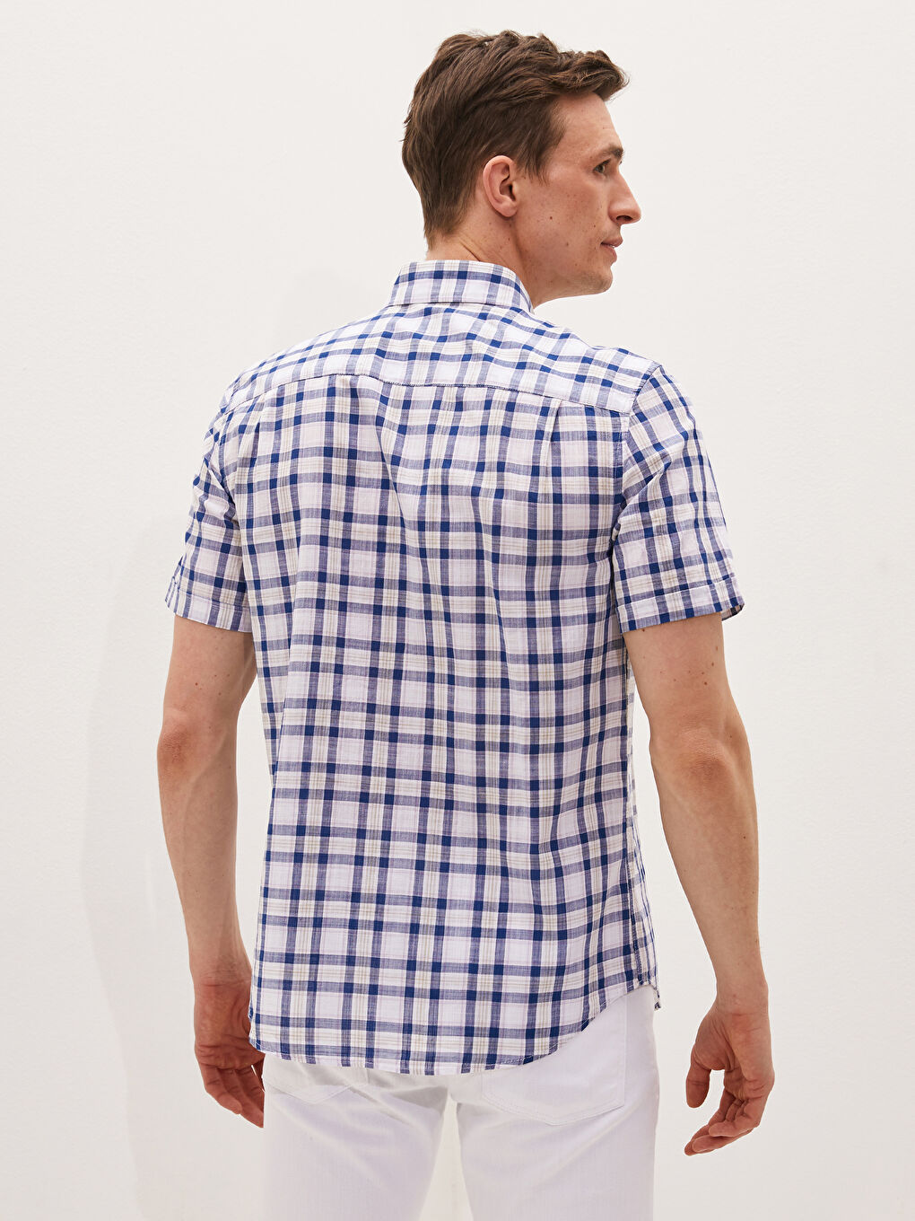 Lacivert Regular Fit Kısa Kollu Ekose Poplin Erkek Gömlek-3