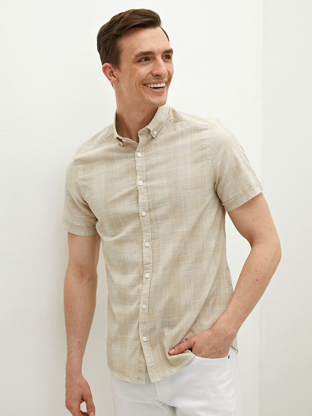 Slim Fit Short Sleeve Patterned Poplin Men's Shirt-1