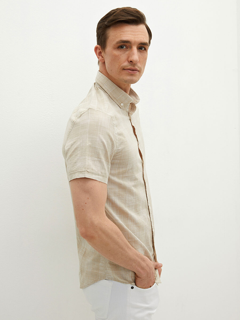 Slim Fit Short Sleeve Patterned Poplin Men's Shirt-2