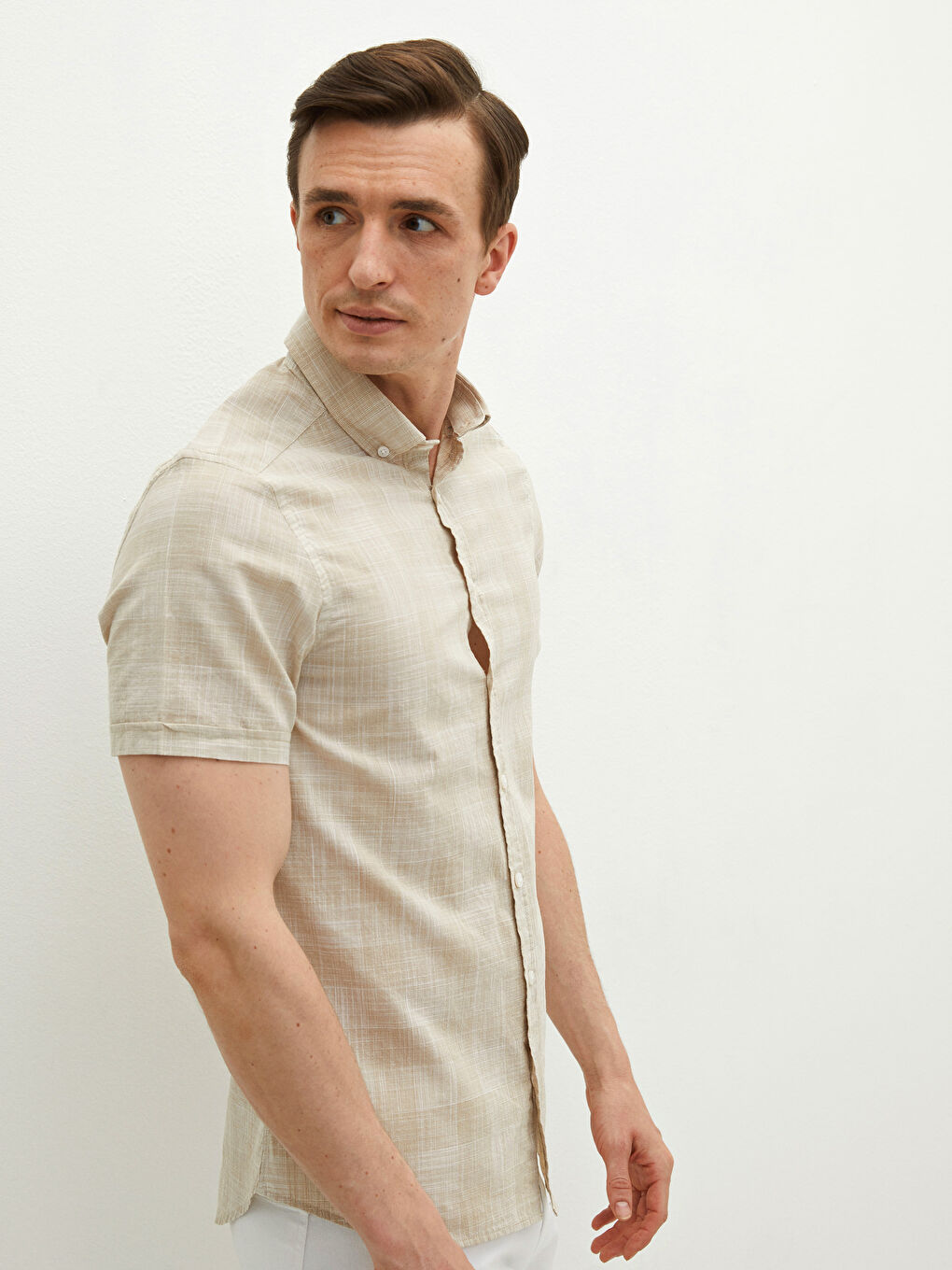 Slim Fit Short Sleeve Patterned Poplin Men's Shirt-3