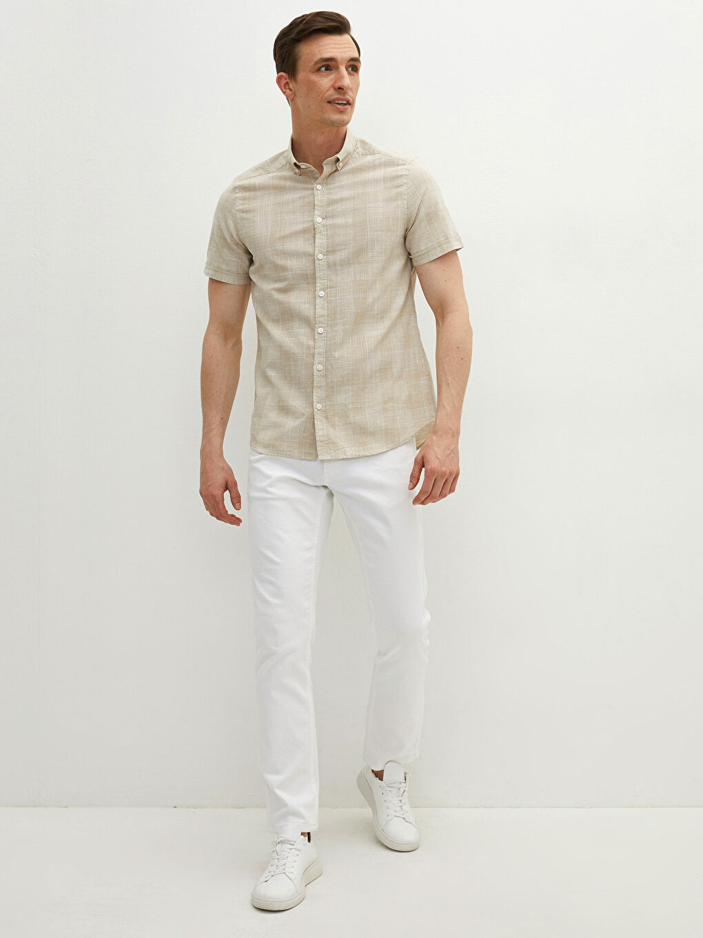 Slim Fit Short Sleeve Patterned Poplin Men's Shirt-5