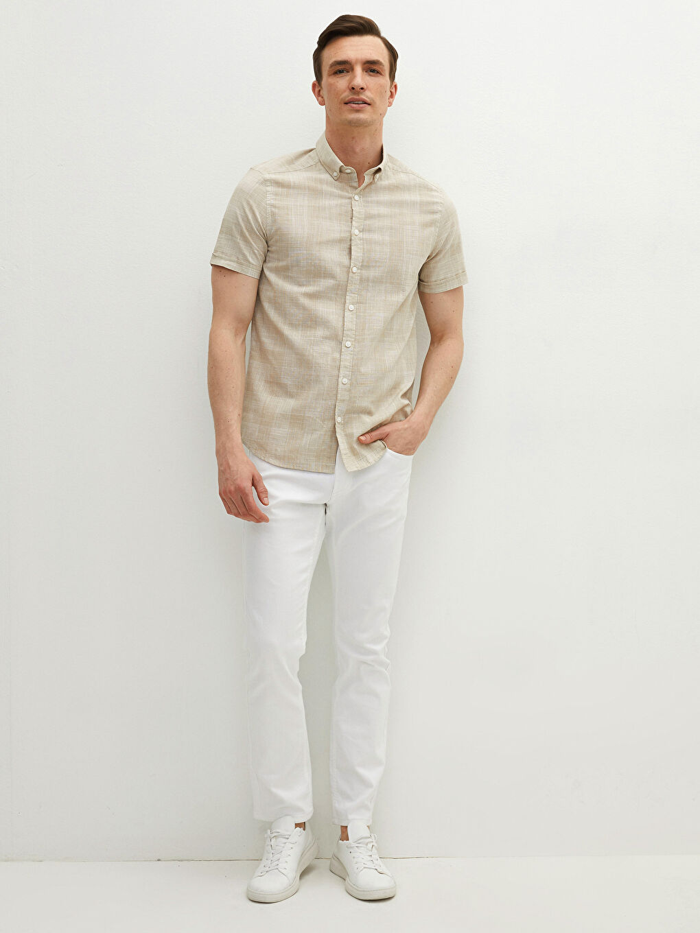 Slim Fit Short Sleeve Patterned Poplin Men's Shirt-6