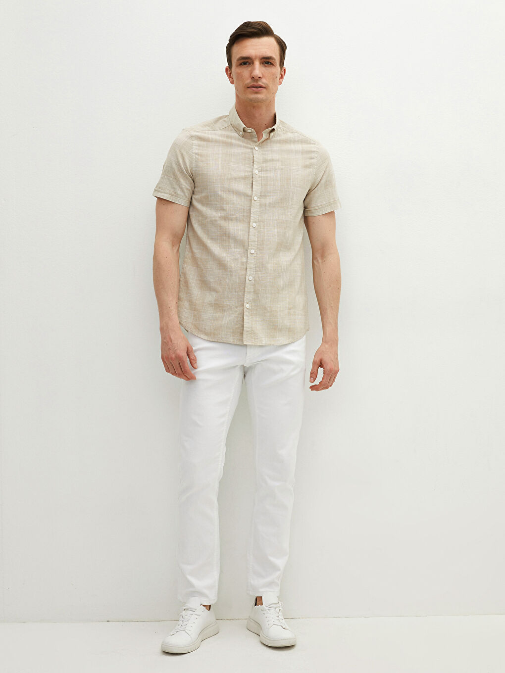 Slim Fit Short Sleeve Patterned Poplin Men's Shirt-7