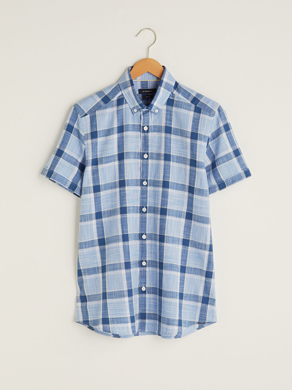 Mavi Slim Fit Kısa Kollu Ekose Poplin Gömlek-5