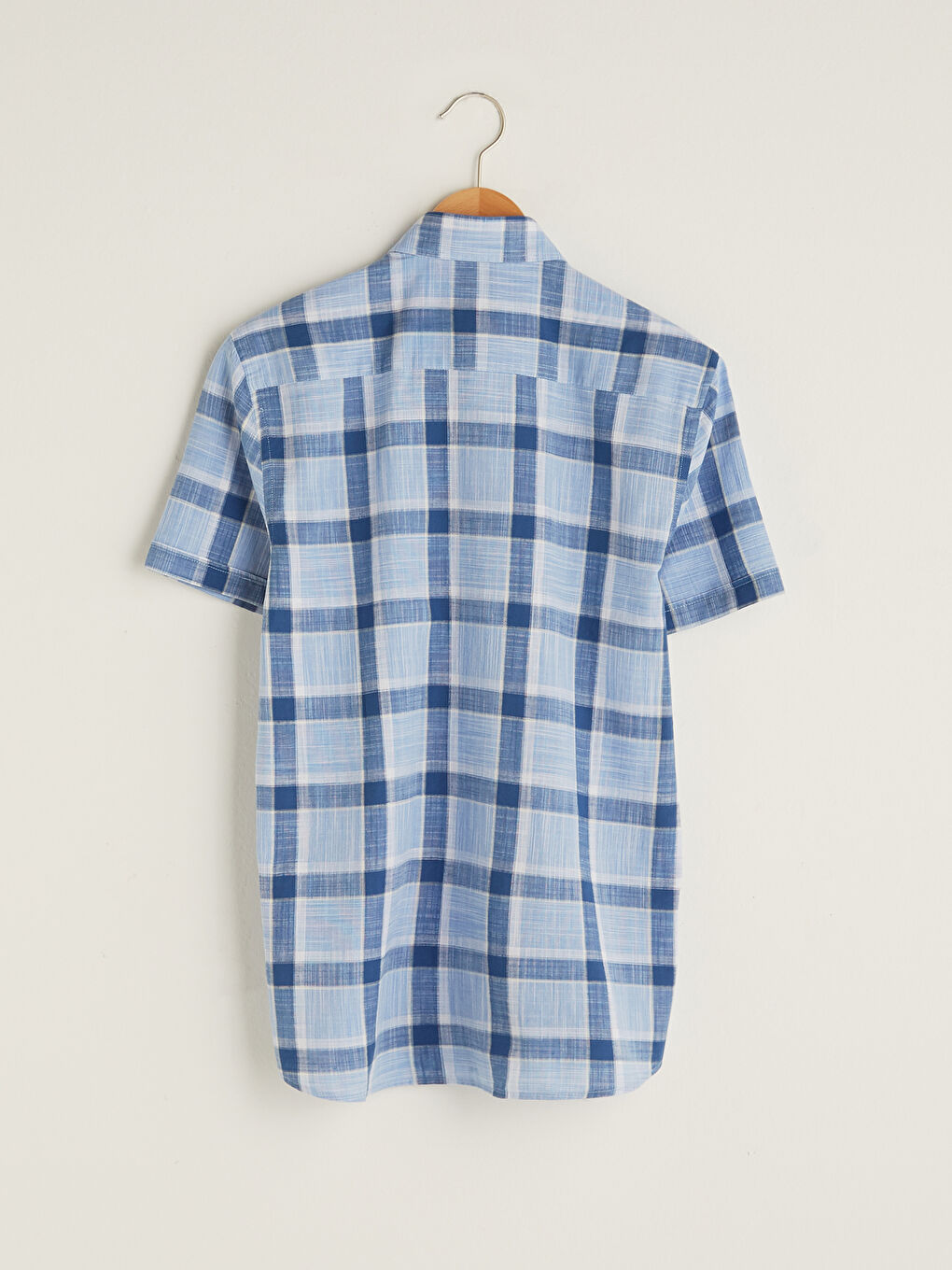 Mavi Slim Fit Kısa Kollu Ekose Poplin Gömlek-6