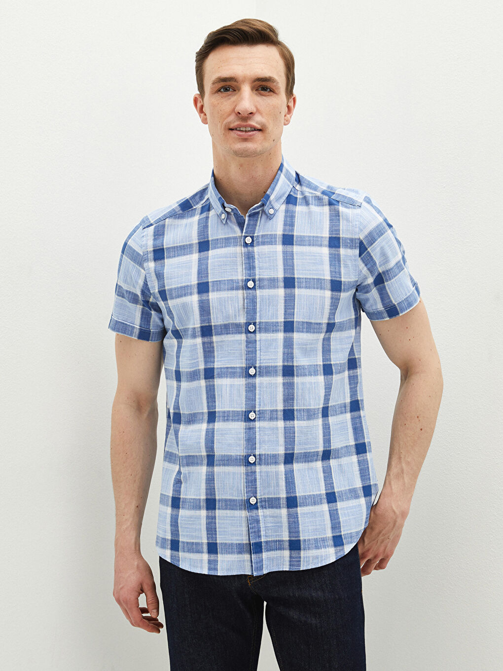 Mavi Slim Fit Kısa Kollu Ekose Poplin Gömlek-1