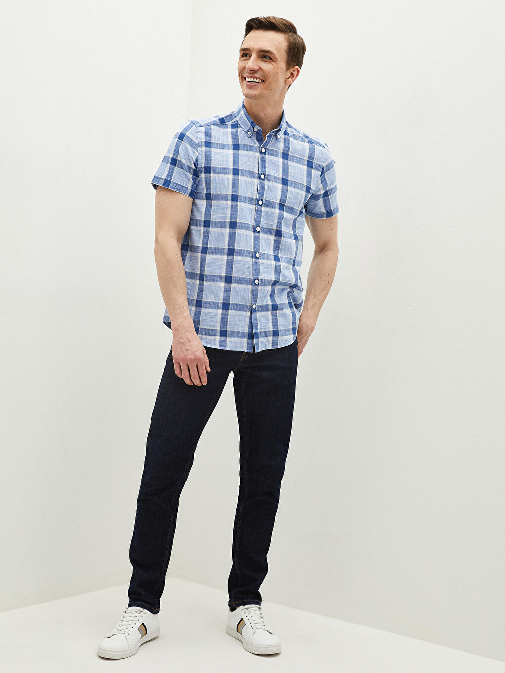 Mavi Slim Fit Kısa Kollu Ekose Poplin Gömlek-2