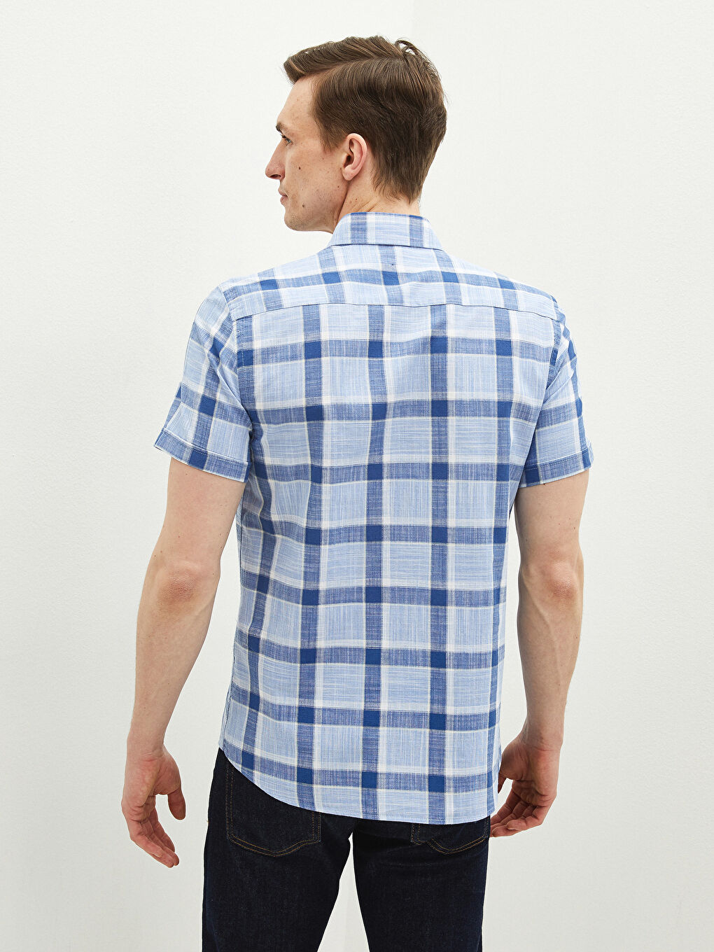 Mavi Slim Fit Kısa Kollu Ekose Poplin Gömlek-3