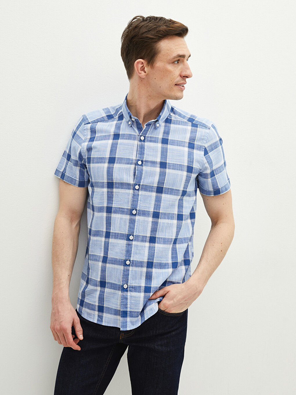 Mavi Slim Fit Kısa Kollu Ekose Poplin Gömlek-4