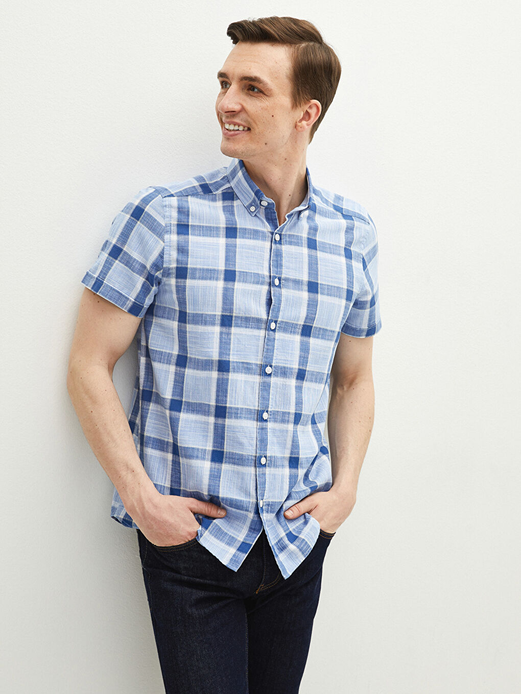 Mavi Slim Fit Kısa Kollu Ekose Poplin Gömlek